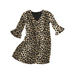 Photo of Short leopard print dress isolated on white, top view
