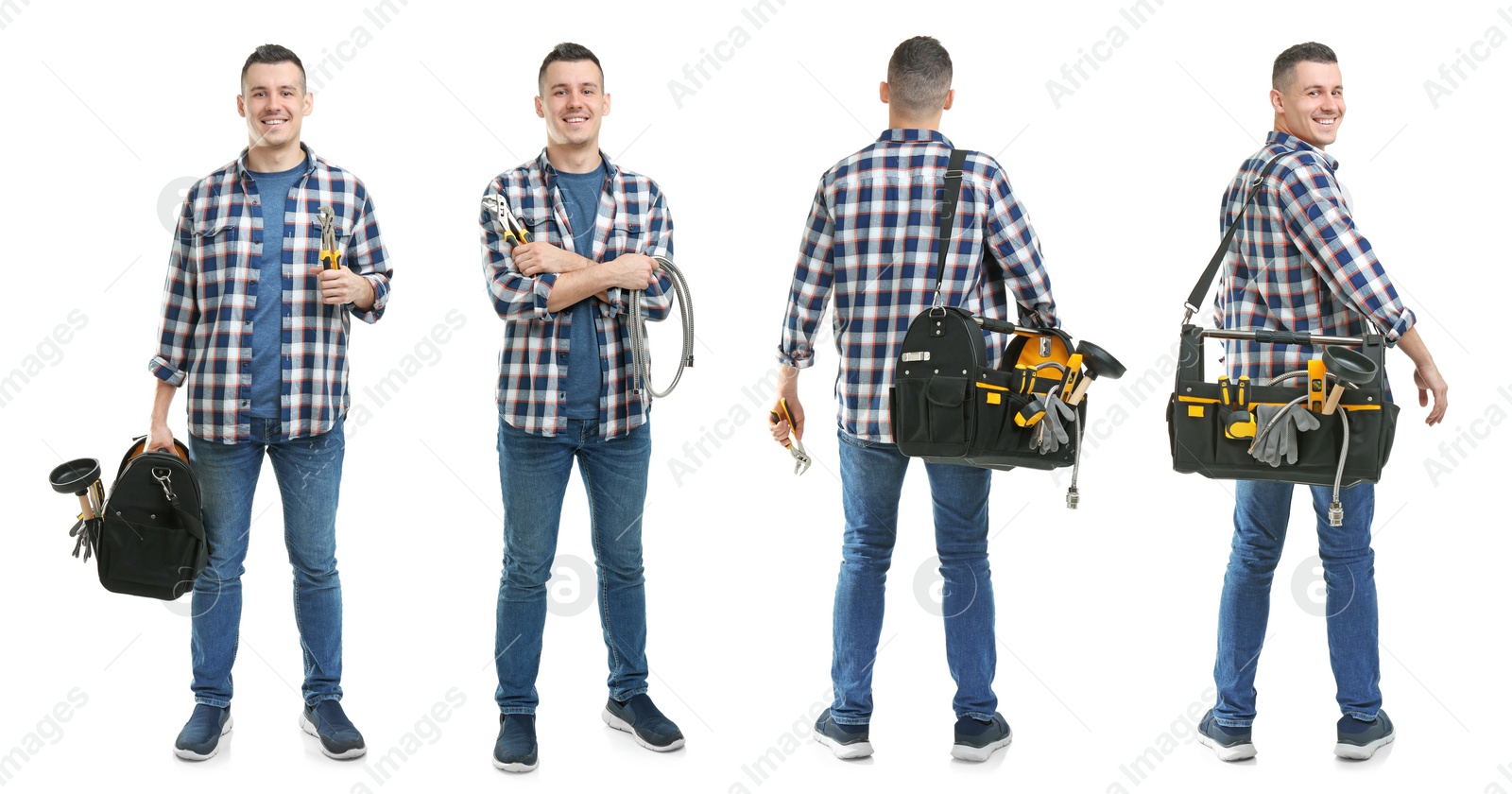 Image of Collage with photos of plumber with tool bag on white background. Banner design