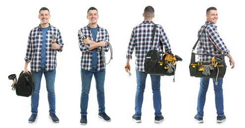 Image of Collage with photos of plumber with tool bag on white background. Banner design