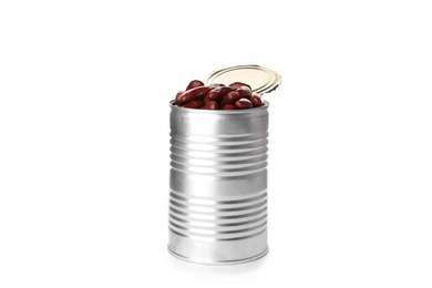Photo of Tin can with conserved beans on white background