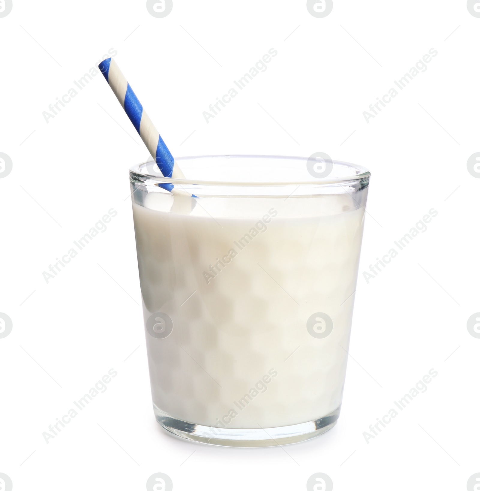 Photo of Glass of milk with straw on white background