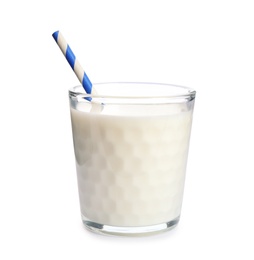 Photo of Glass of milk with straw on white background