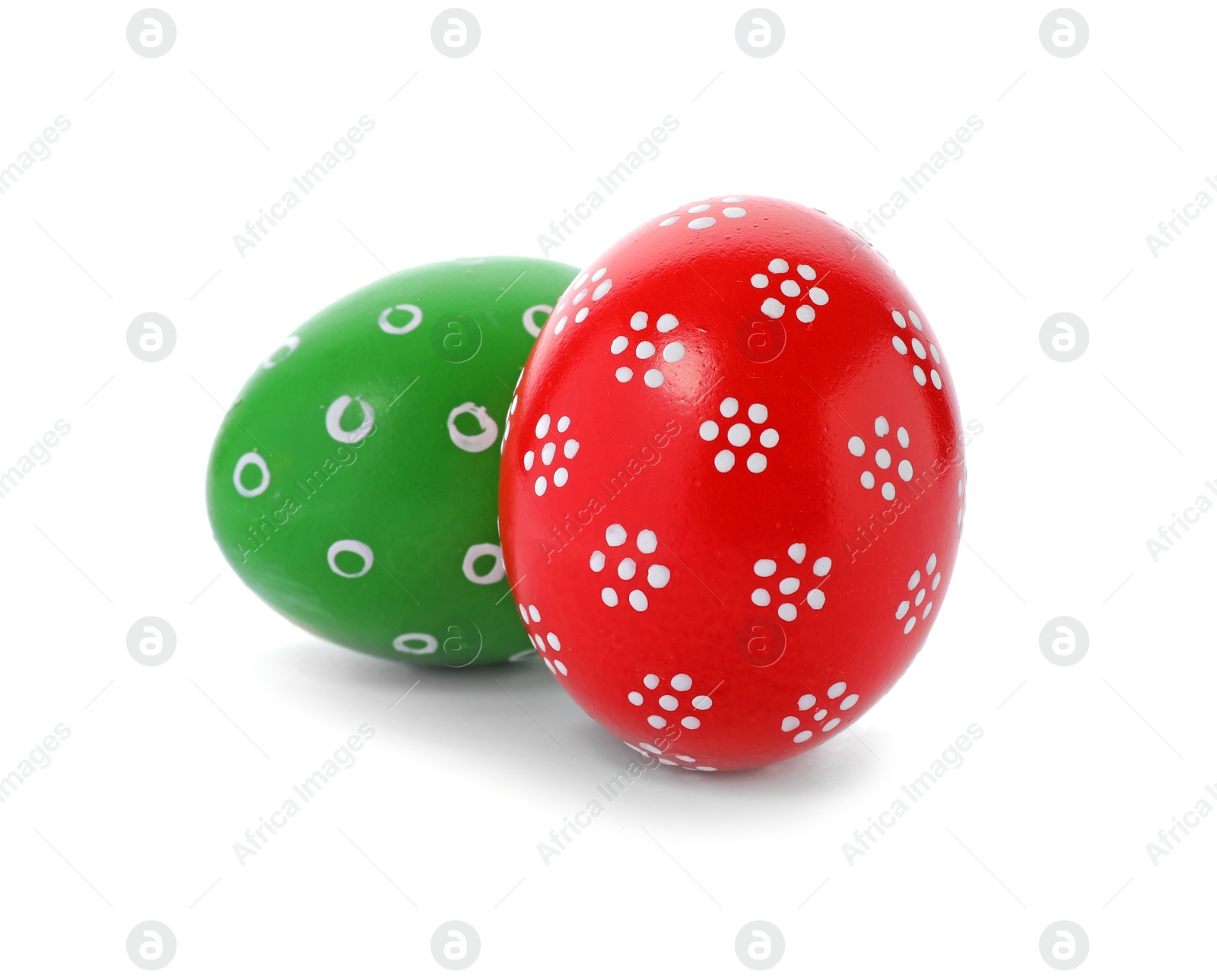 Photo of Decorated Easter eggs on white background. Festive tradition