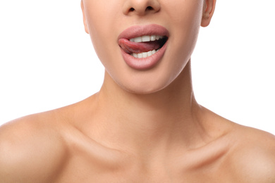 Photo of Woman with pink lipstick on white background, closeup