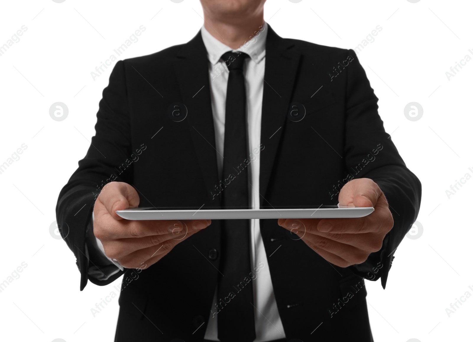 Photo of Businessman holding tablet computer on white background, closeup