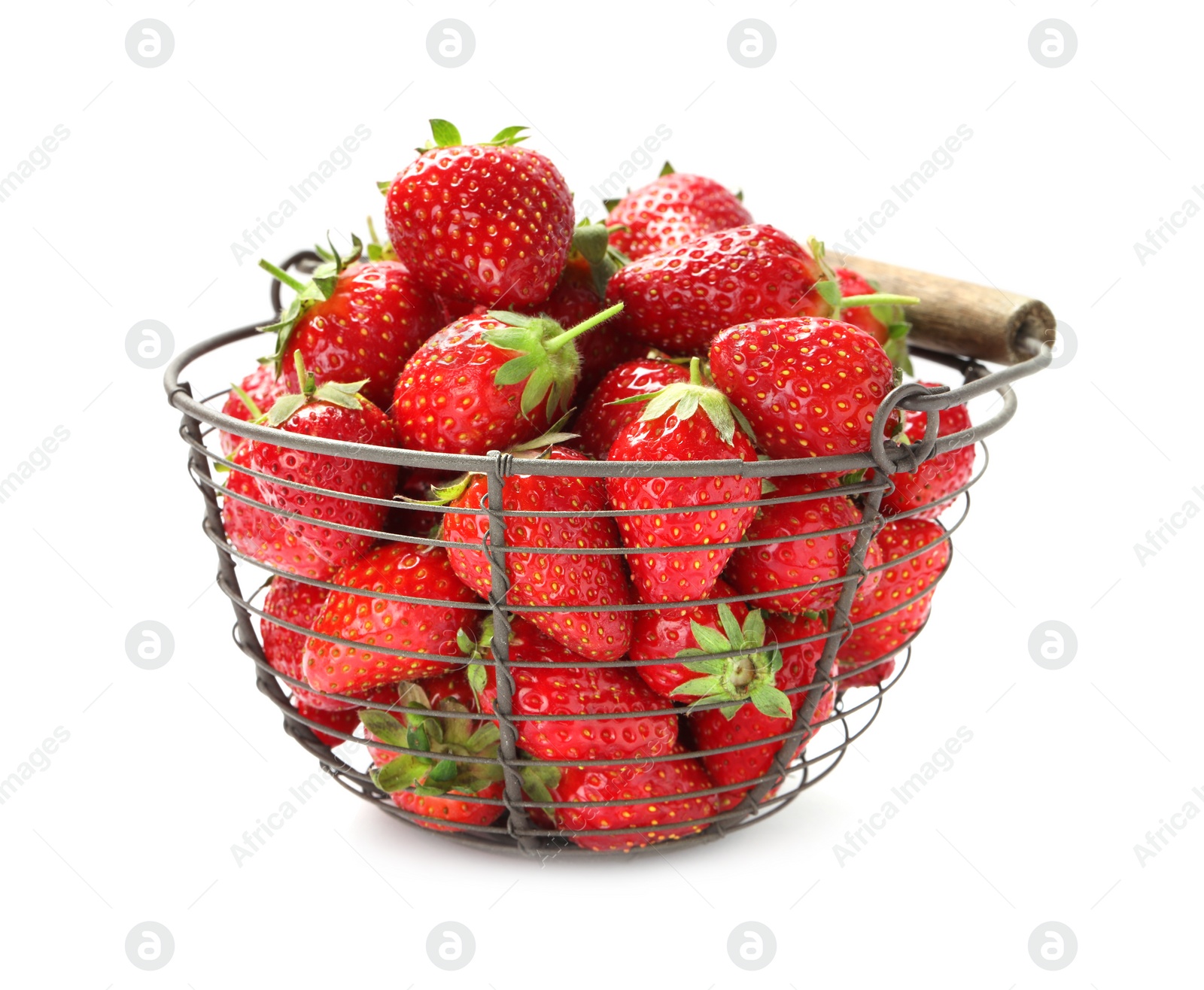 Photo of Ripe strawberries in metal basket isolated on white