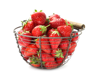 Ripe strawberries in metal basket isolated on white