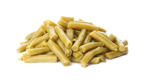 Photo of Pile of canned green beans on white background