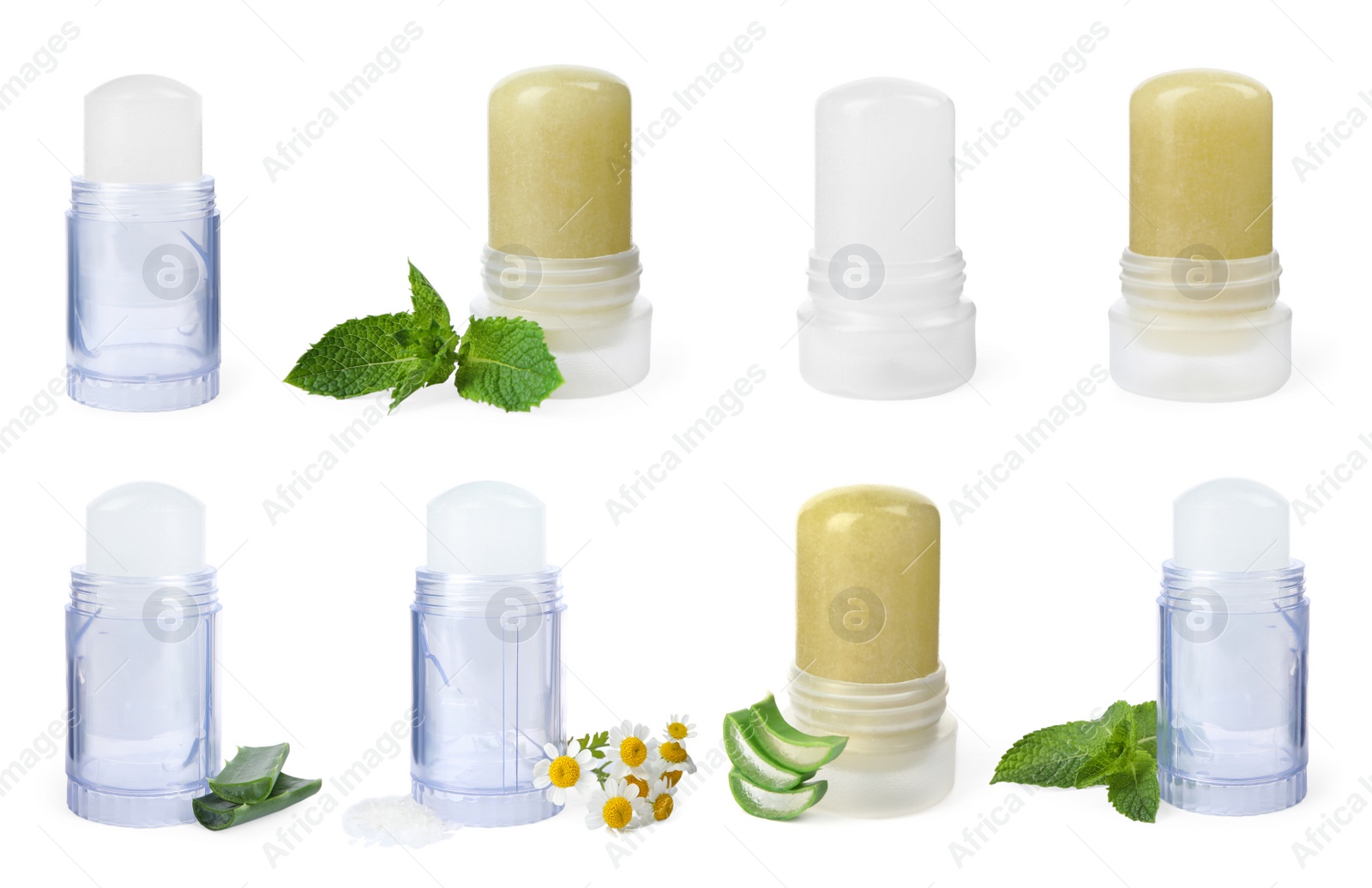 Image of Set with different natural crystal alum deodorants on white background