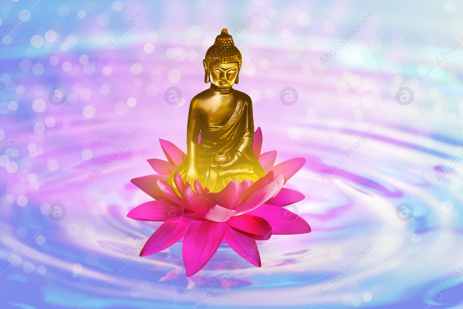 Image of Lotus flower with Buddha figure on water, bokeh effect