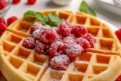 Photo of Tasty Belgian waffle with fresh raspberries, powdered sugar and mint, closeup
