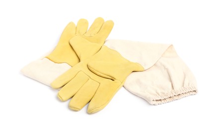 Photo of Protective gloves on white background. Safety equipment