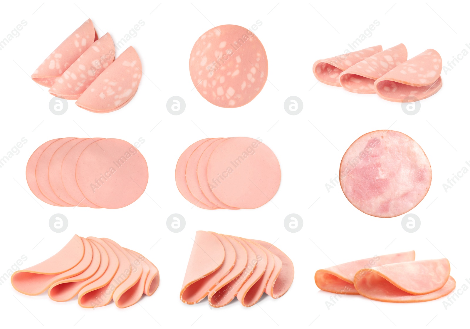 Image of Collage with slices of different delicious sausages on white background