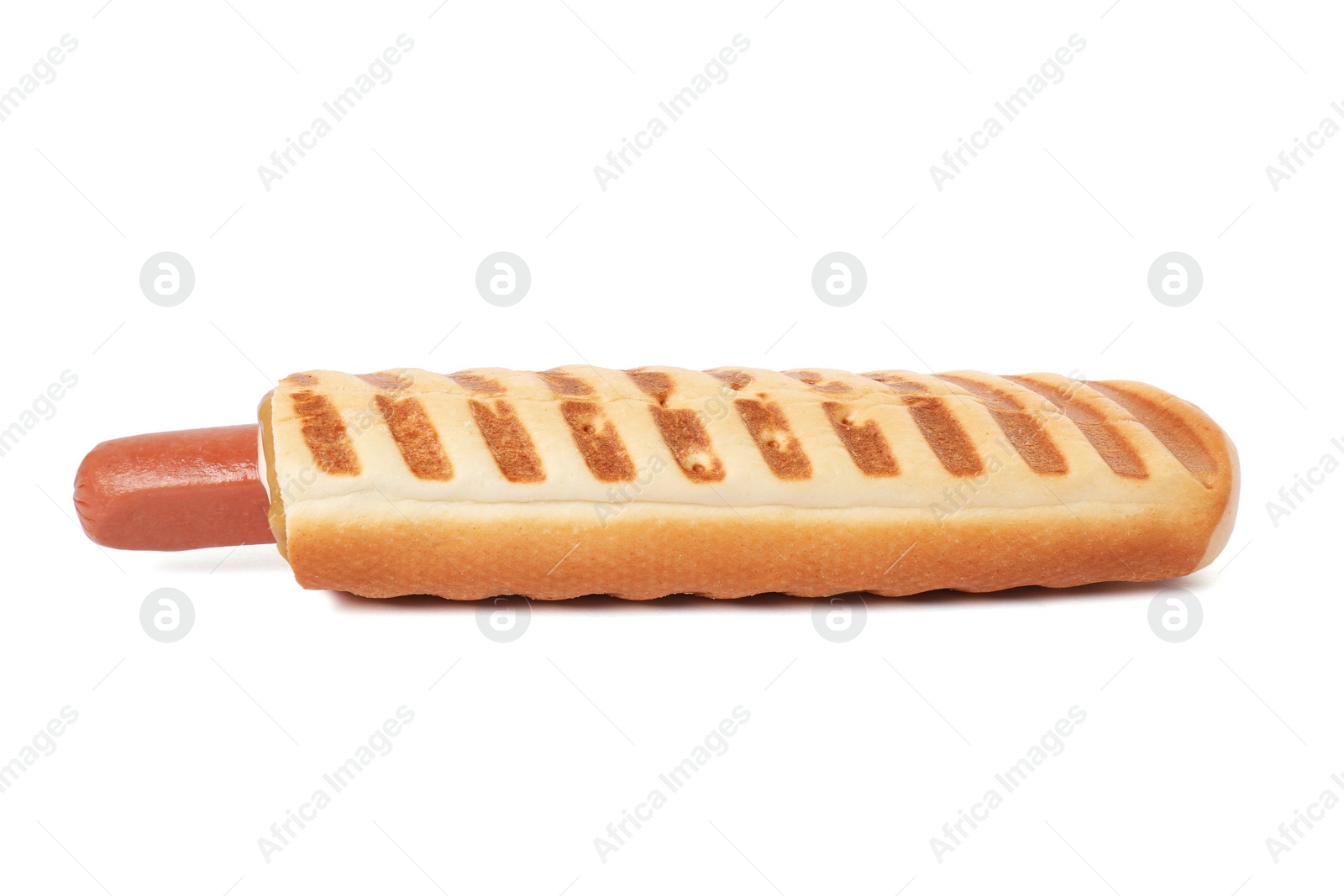 Photo of Tasty french hot dog with sauce isolated on white