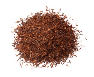 Heap of rooibos tea isolated on white, top view