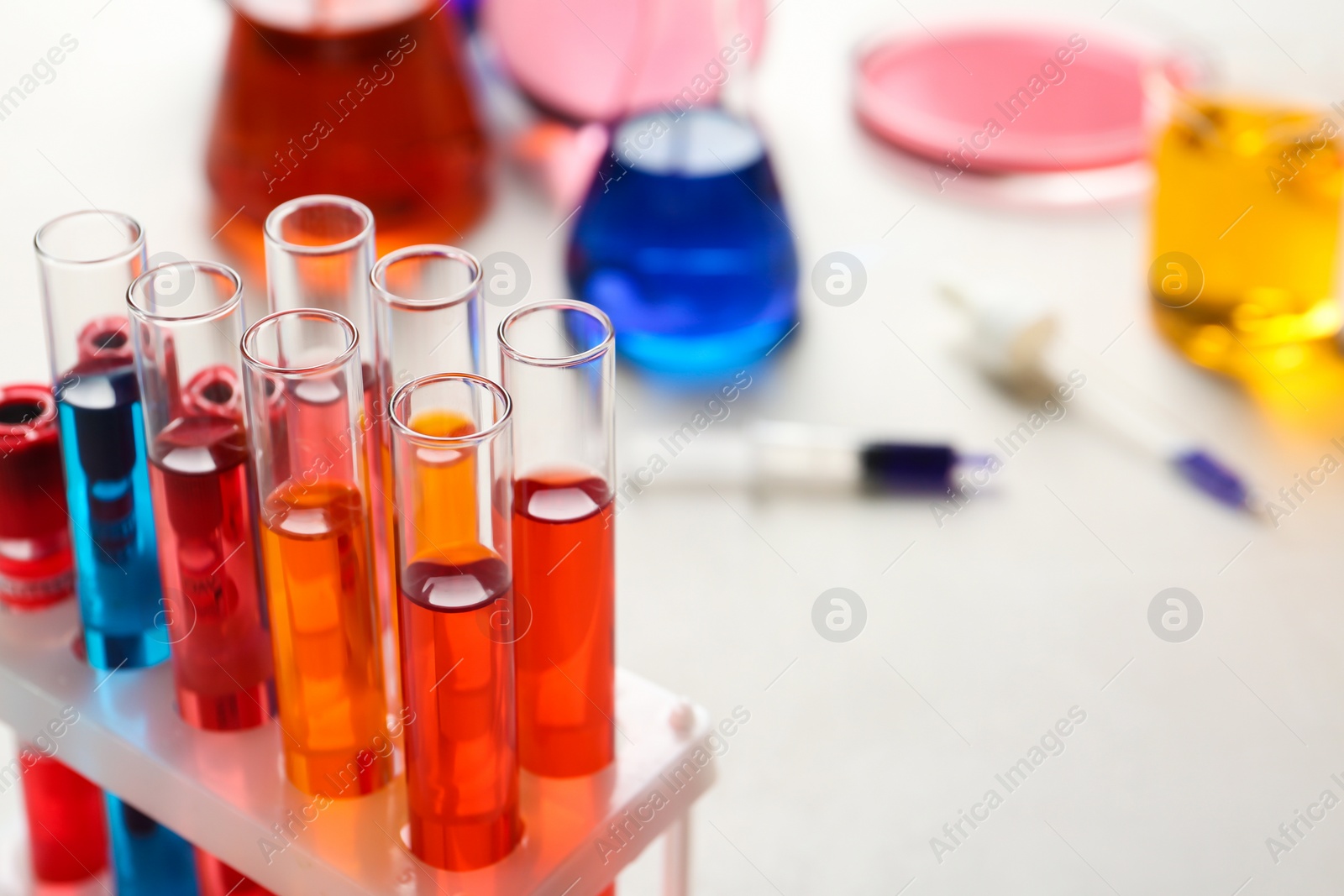 Photo of Test tubes with samples in chemistry laboratory, closeup. Space for text