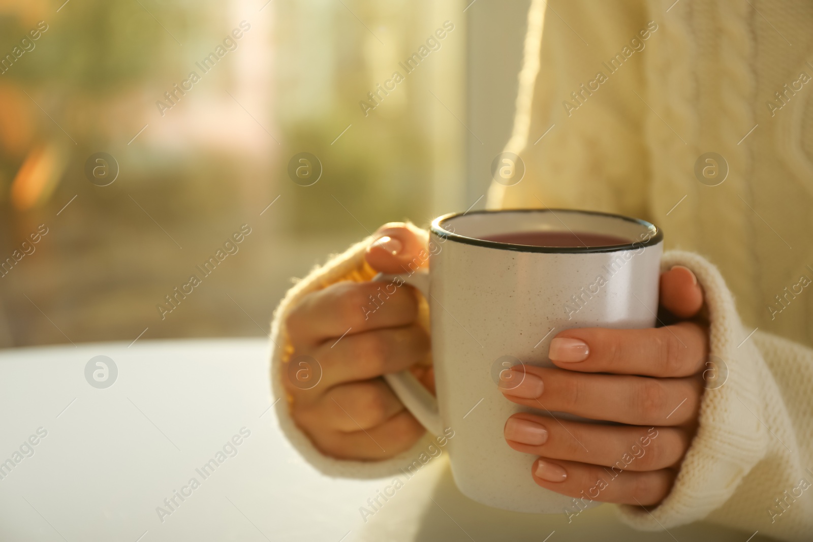 Photo of Woman holding elegant cup at table indoors, closeup