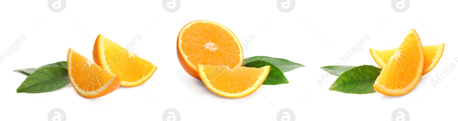 Image of Set with tasty ripe oranges on white background. Banner design 