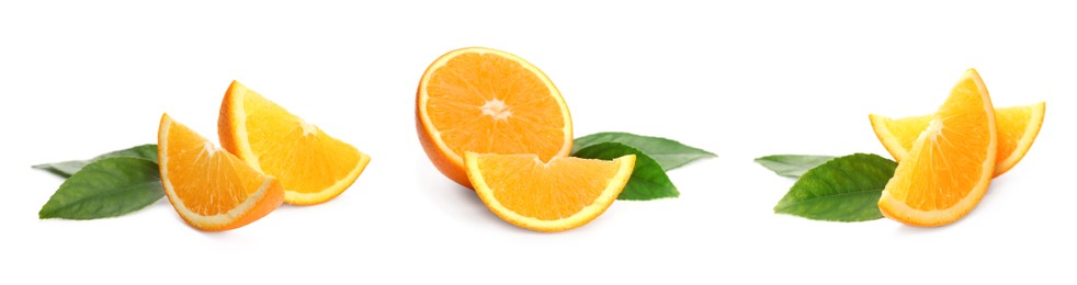 Image of Set with tasty ripe oranges on white background. Banner design 