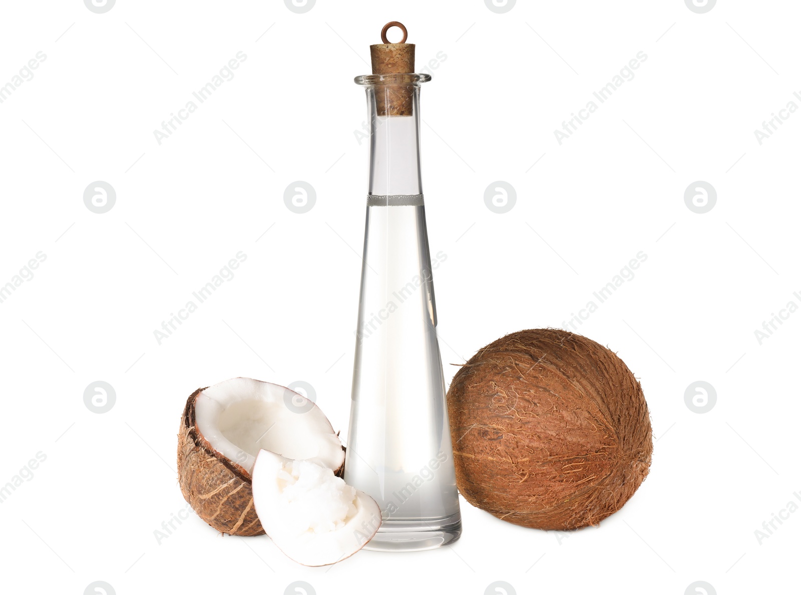 Photo of Composition with coconut oil on white background