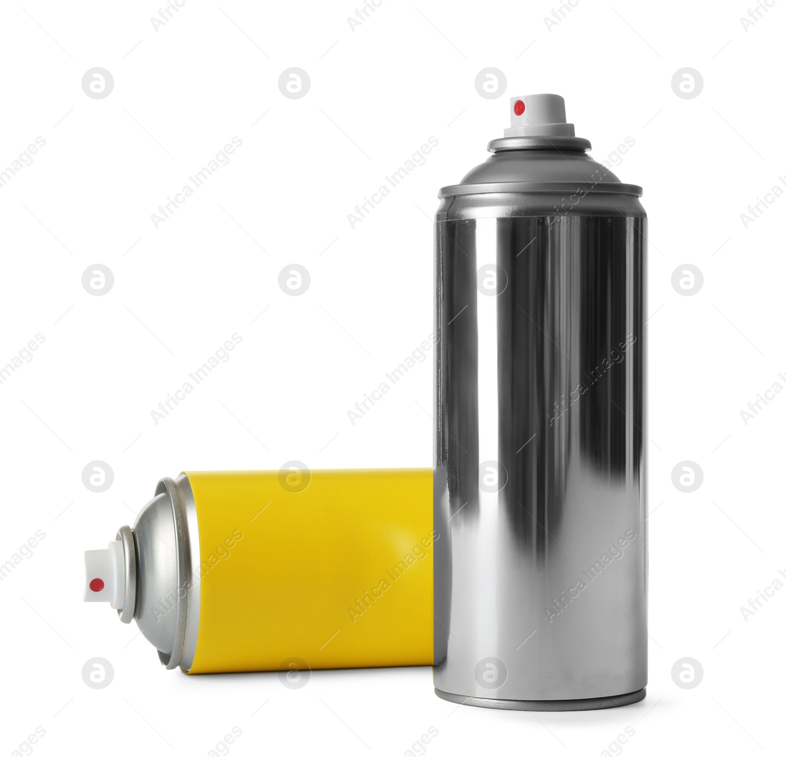 Photo of Cans of different spray paints on white background