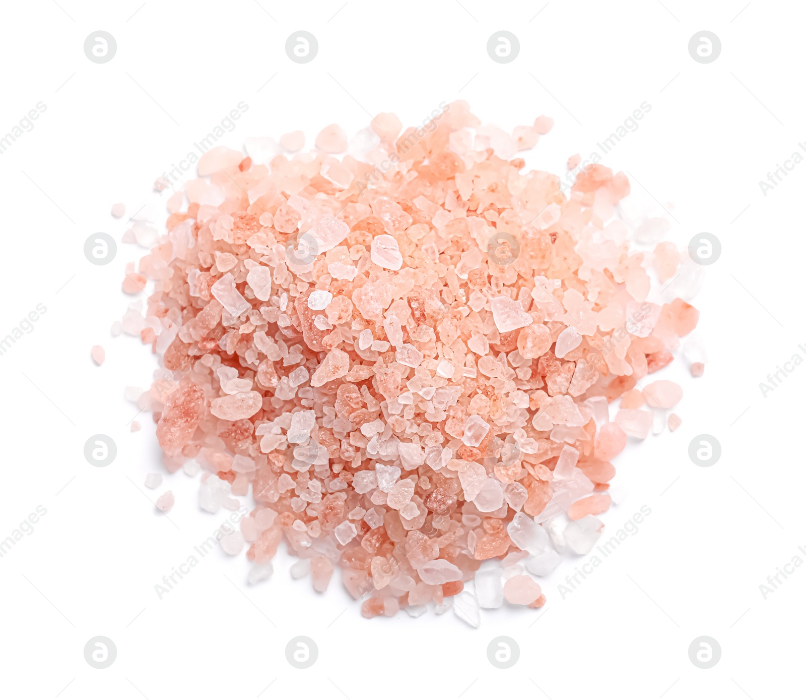 Photo of Heap of pink Himalayan salt on white background, top view