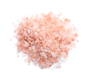 Photo of Heap of pink Himalayan salt on white background, top view