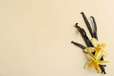 Photo of Flat lay composition with vanilla sticks and flowers on color background. Space for text