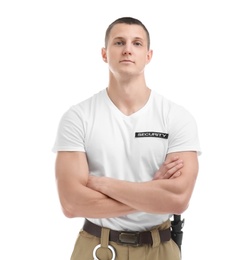 Male security guard in uniform on white background