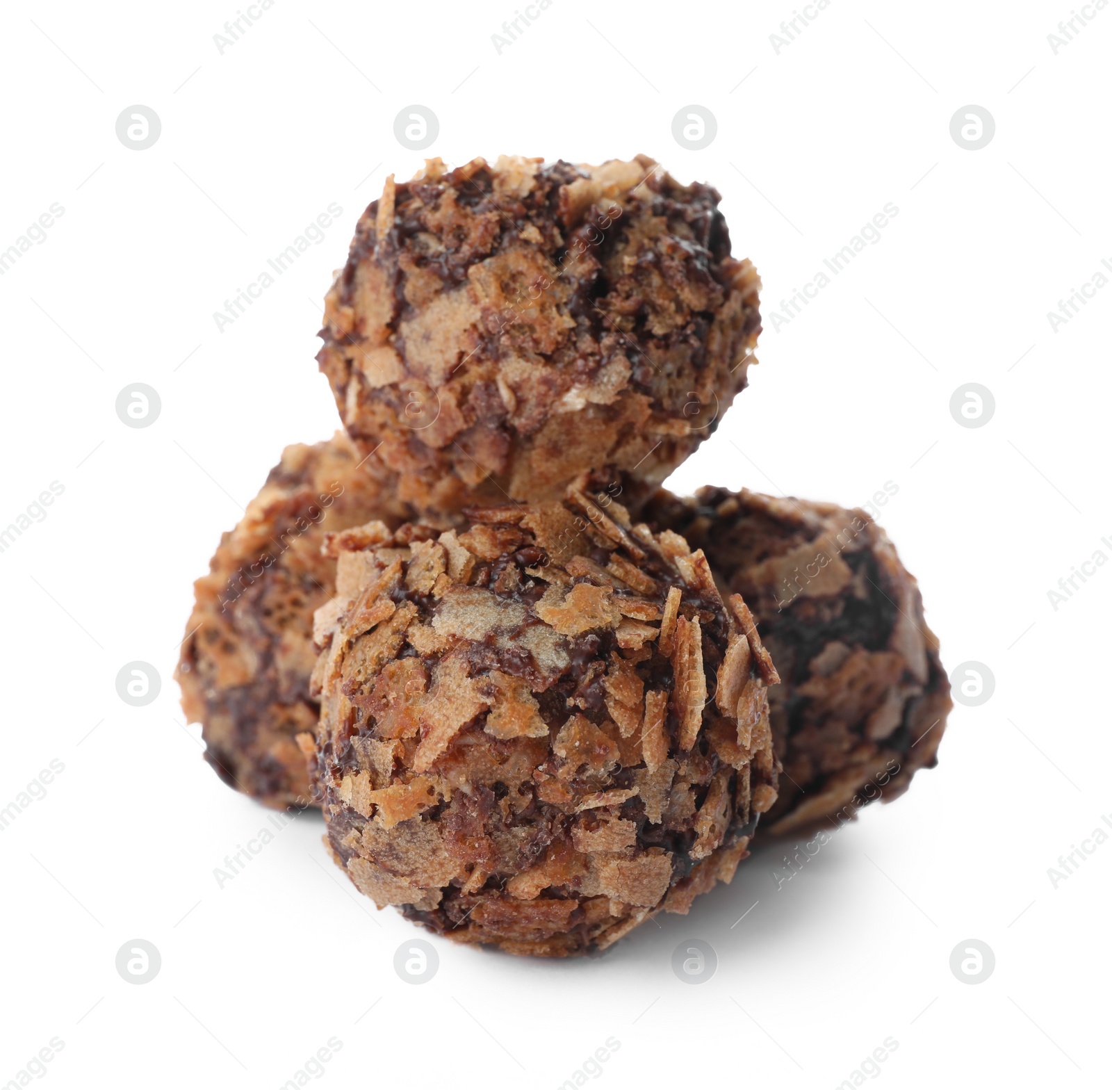 Photo of Delicious chocolate candies with waffle crumbles isolated on white