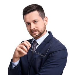 Handsome bearded businessman in suit on white background