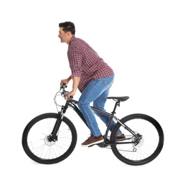 Photo of Handsome young man with modern bicycle on white background