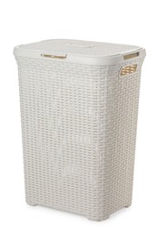 One empty plastic laundry basket isolated on white