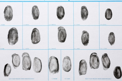 Fingerprint record sheet, top view. Criminal investigation