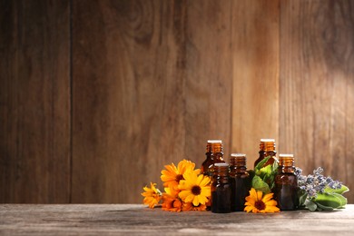 Bottles with essential oils, herbs and flowers on wooden table. Space for text