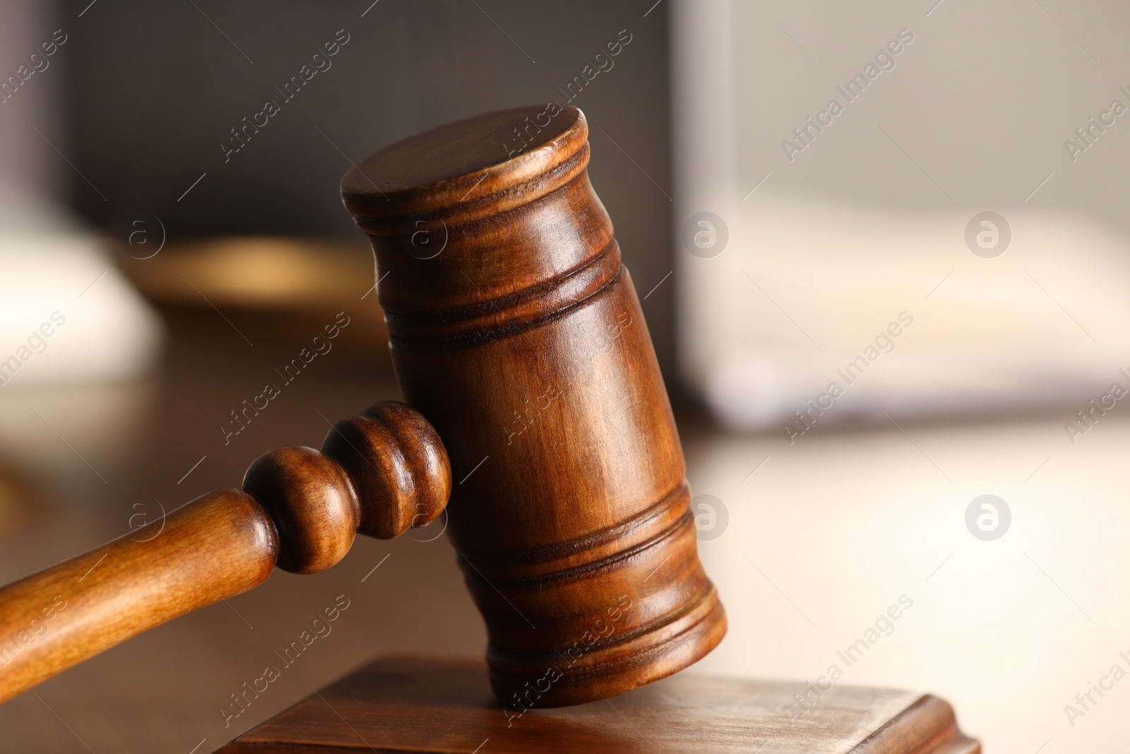Photo of Law concept. Gavel and sound block on table, closeup