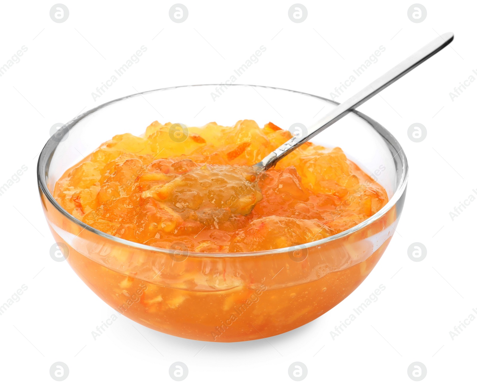 Photo of Delicious orange marmalade in bowl with spoon on white background