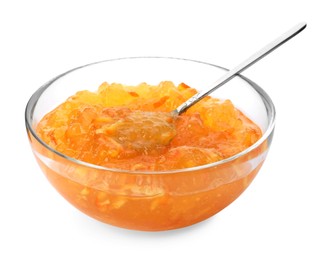 Photo of Delicious orange marmalade in bowl with spoon on white background