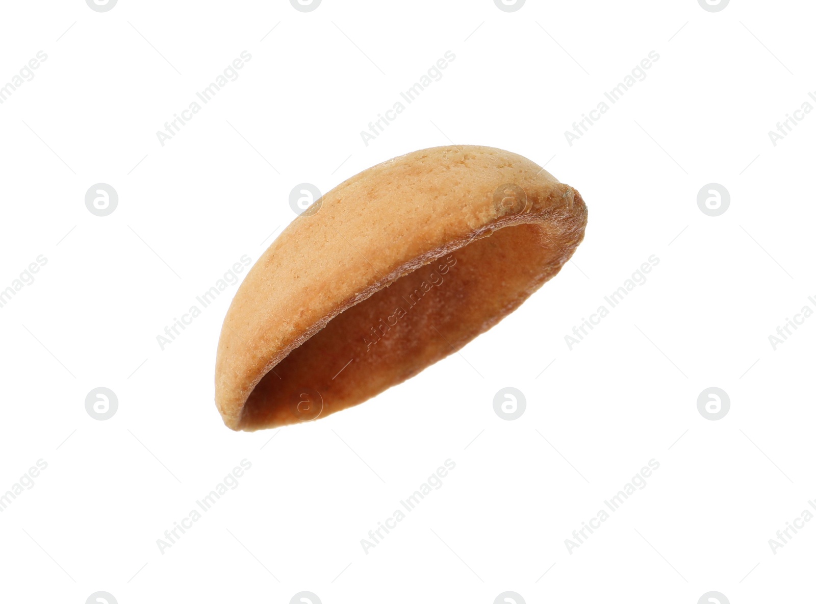 Photo of Half of delicious nut shaped cookie isolated on white