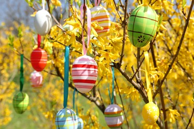 Beautifully painted Easter eggs hanging on tree outdoors, closeup