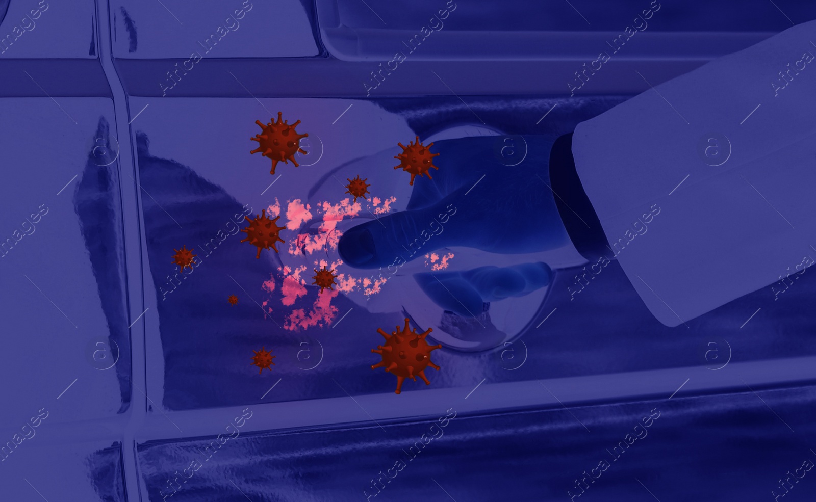 Image of Man opening car door, closeup view under UV light. Avoid touching surfaces in public spaces during coronavirus outbreak