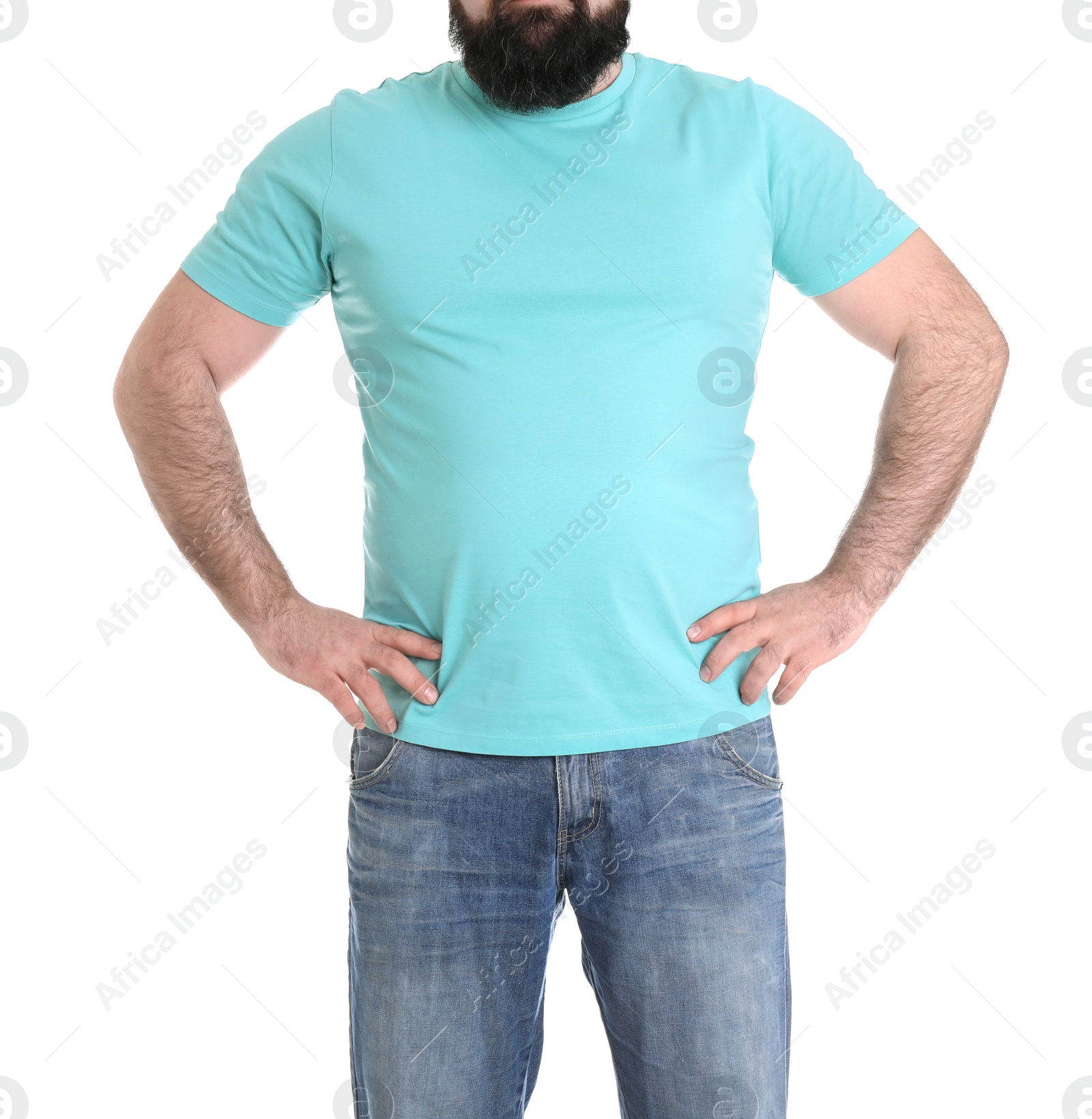 Photo of Overweight man isolated on white, closeup. Weight loss