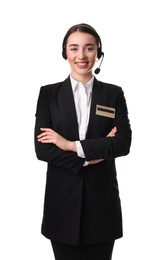 Portrait of receptionist with headset on white background