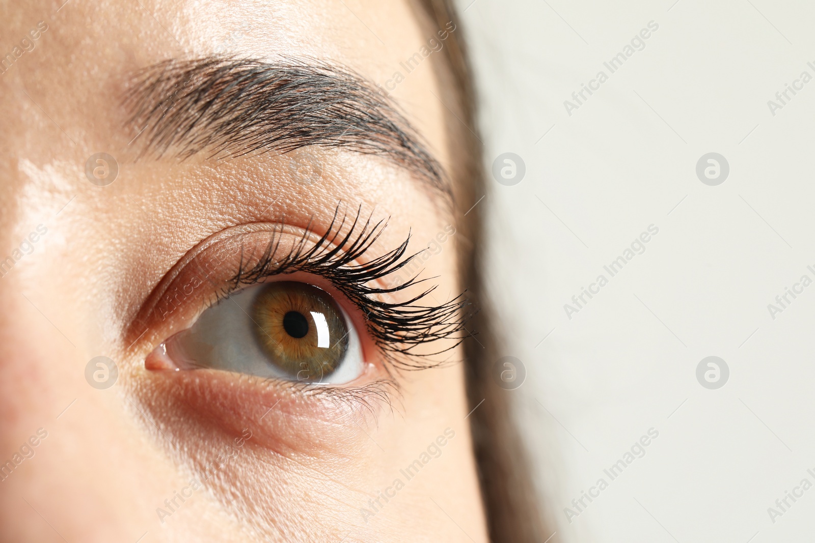 Photo of Macro photo of woman with beautiful eyes on light background. Space for text