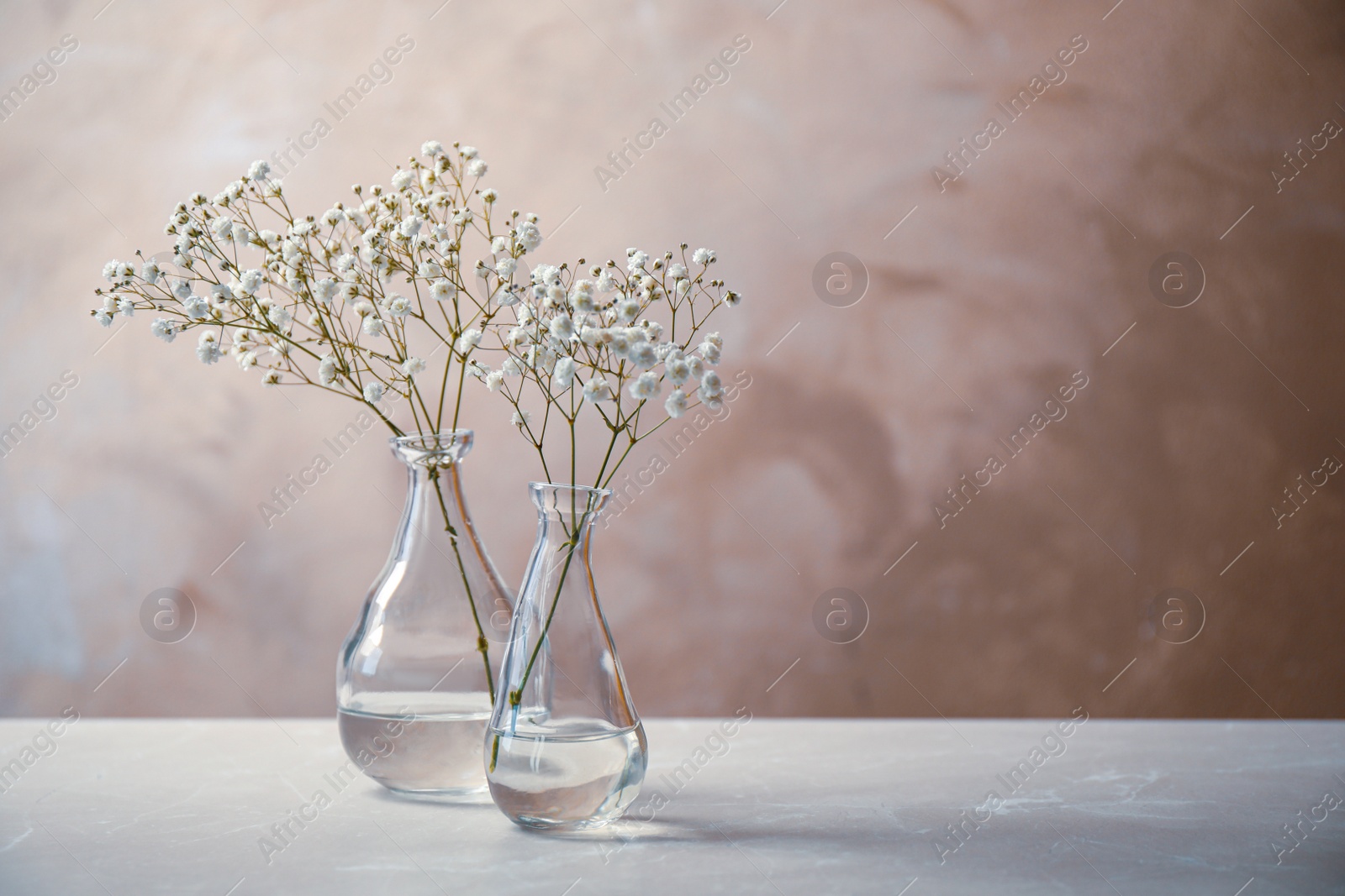 Photo of Gypsophila flowers in vases on table against brown background. Space for text