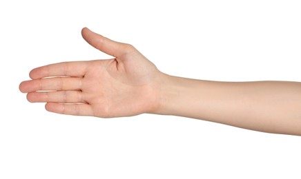 Photo of Woman holding out hand on white background, closeup
