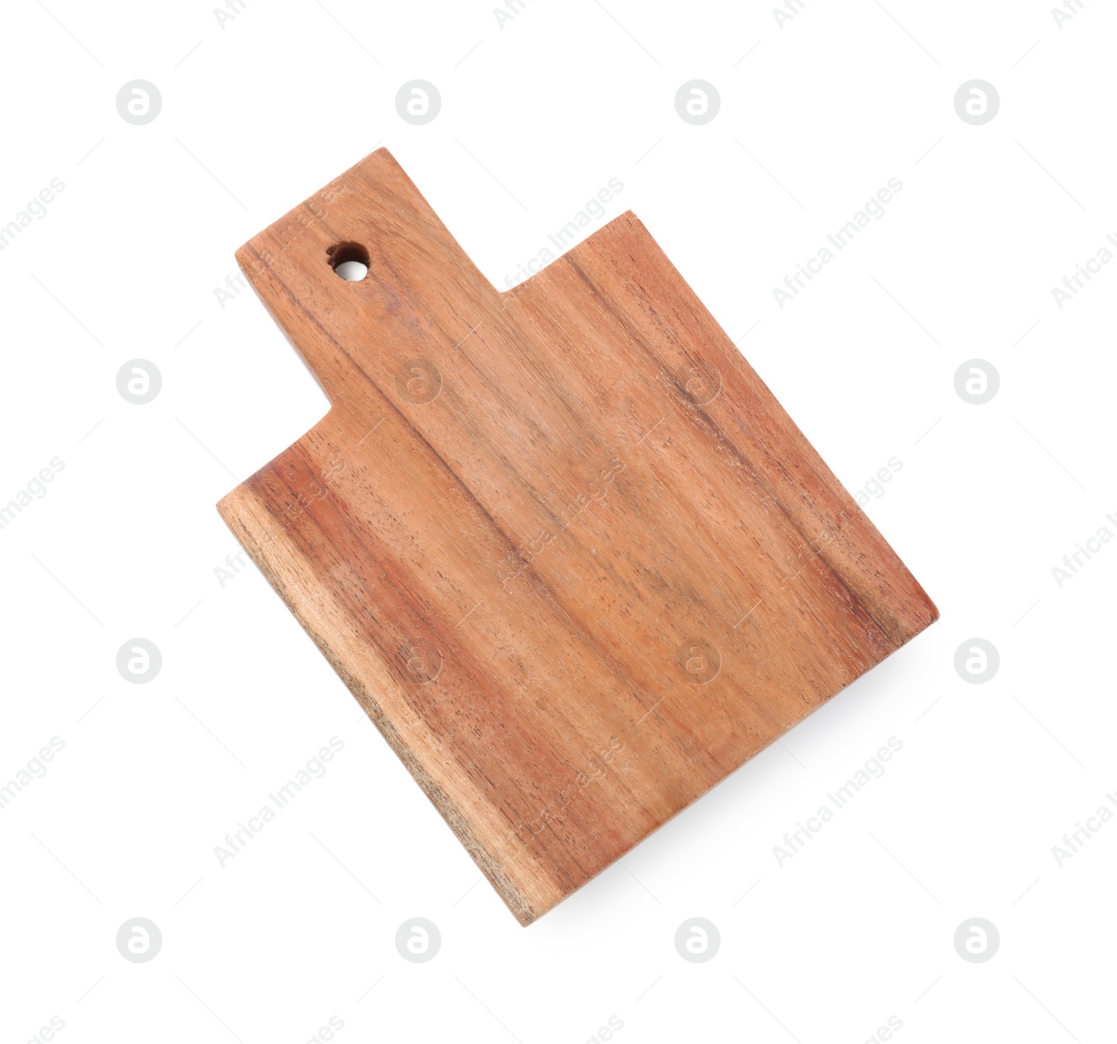 Photo of One wooden cutting board on white background, top view