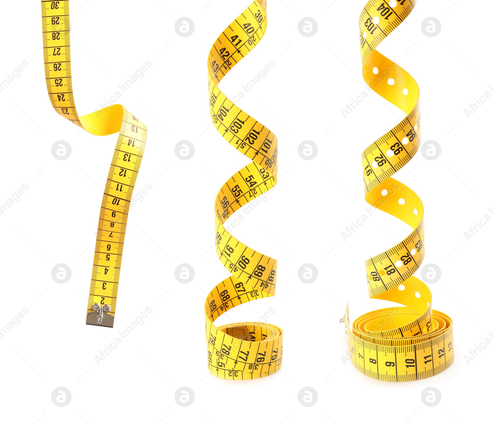 Image of Set of yellow measuring tapes on white background