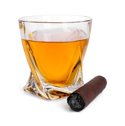 Photo of Glass of whiskey and burnt cigar isolated on white