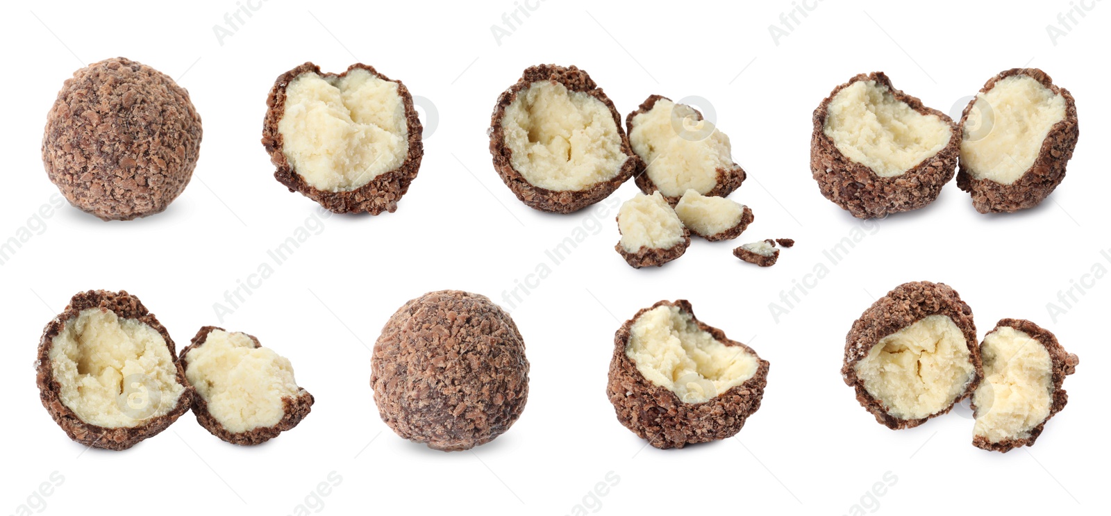 Image of Set with delicious sweet chocolate truffles on white background. Banner design